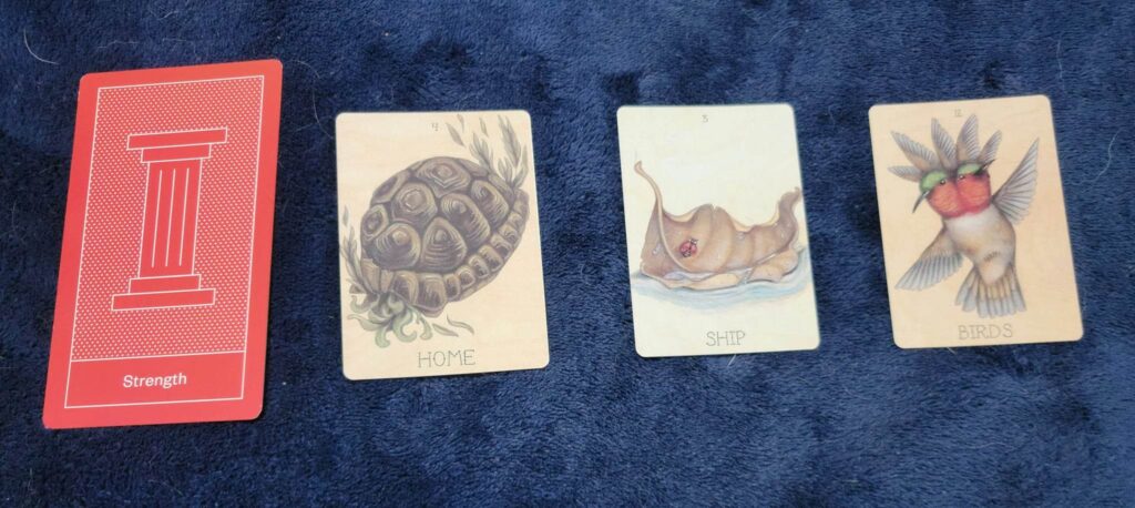 Lenormand cards, home, boat, birds with oracle card